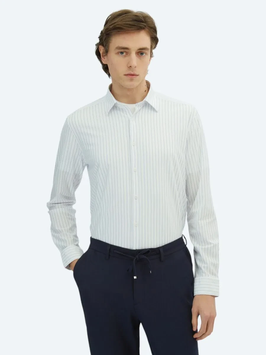 Blue Striped Regular Fit Knitting Casual Cotton Blended Shirt - 1