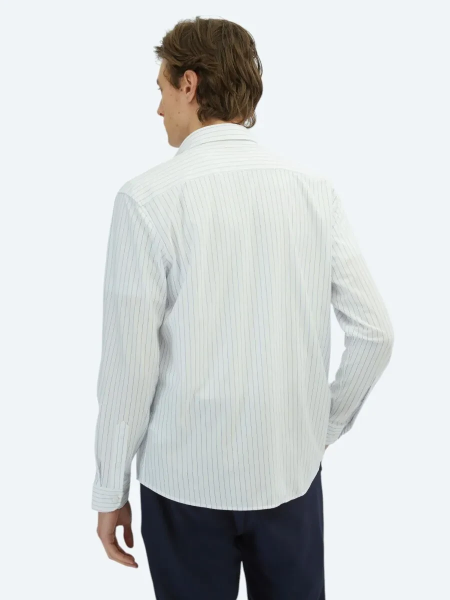 Blue Striped Regular Fit Knitting Casual Cotton Blended Shirt - 4