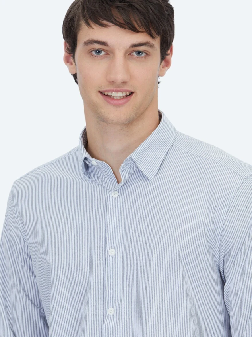 Blue Striped Regular Fit Knitting Casual Cotton Blended Shirt - 3