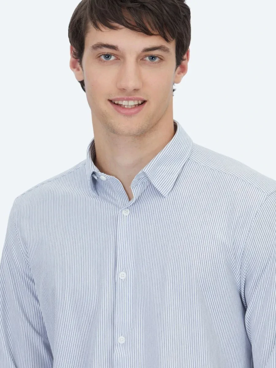 Blue Striped Regular Fit Knitting Casual Cotton Blended Shirt - 3