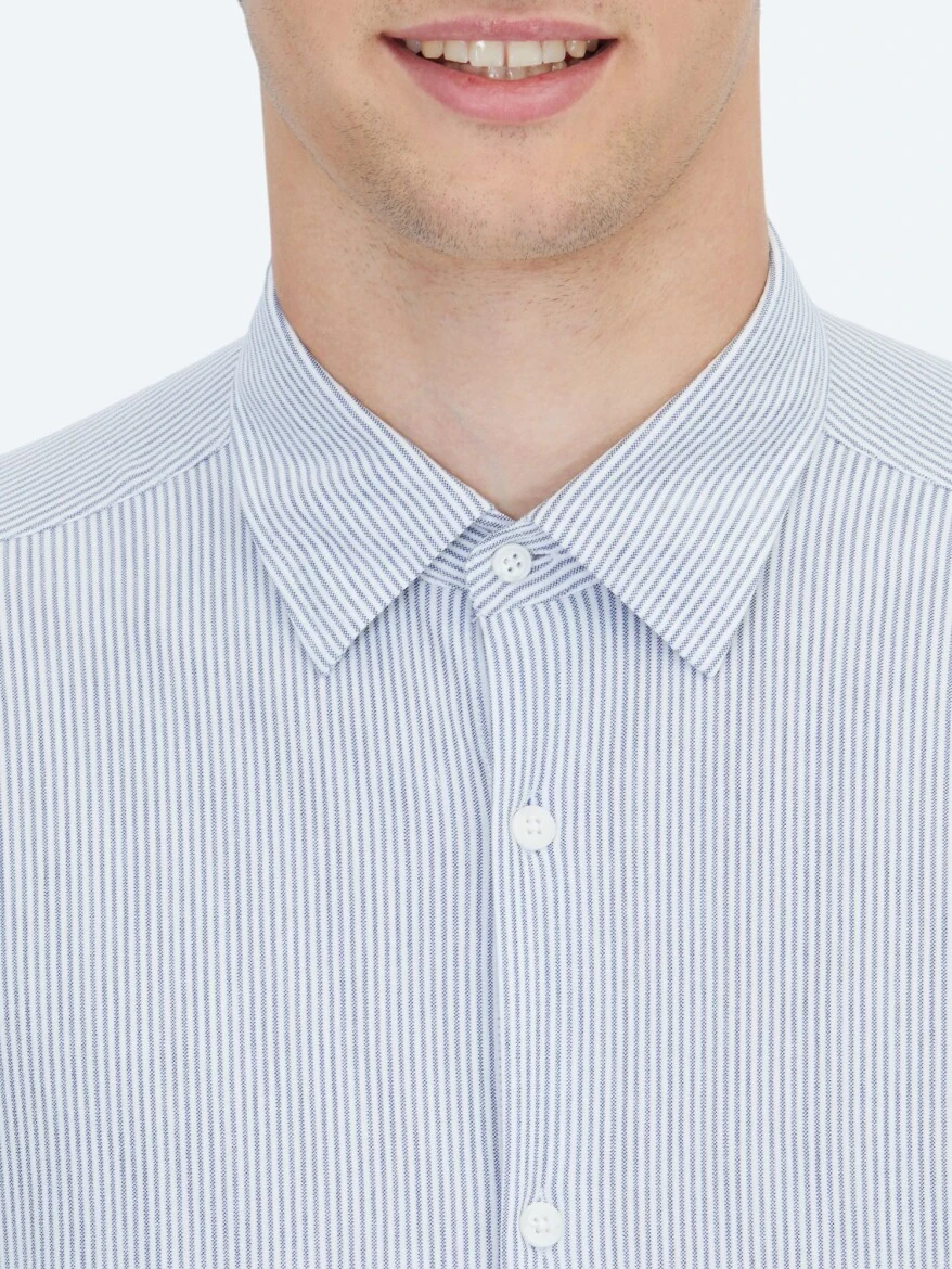 Blue Striped Regular Fit Knitting Casual Cotton Blended Shirt - 4