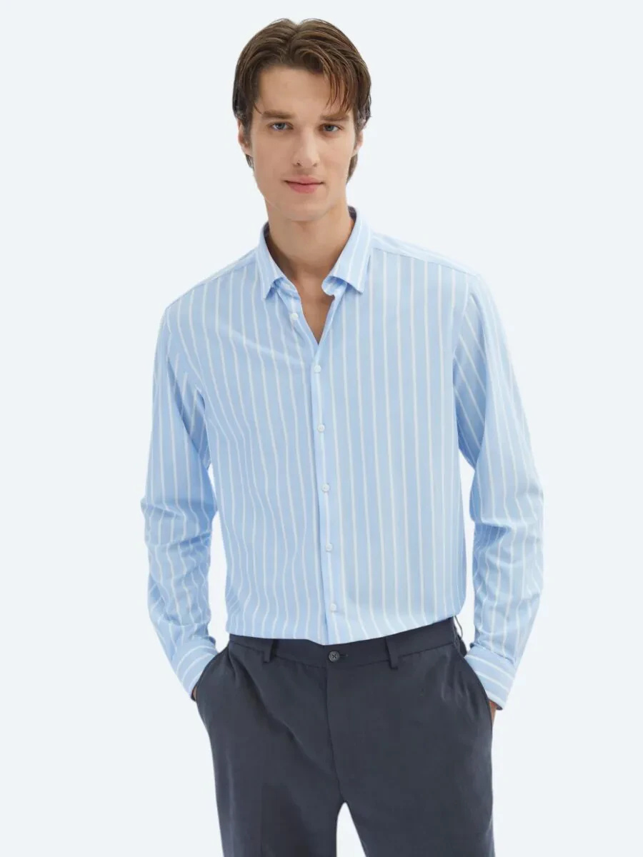 Blue Striped Regular Fit Knitting Casual Cotton Blended Shirt - 1