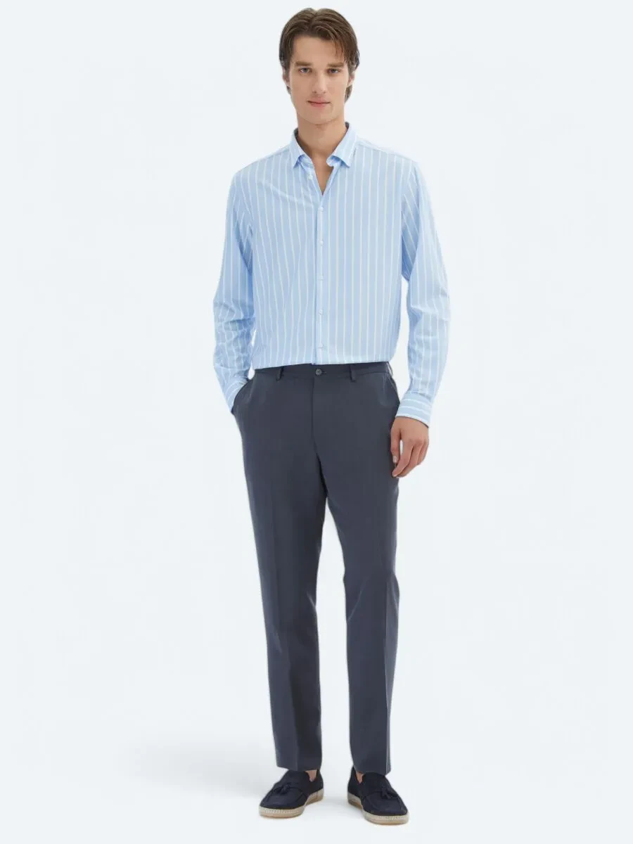 Blue Striped Regular Fit Knitting Casual Cotton Blended Shirt - 2