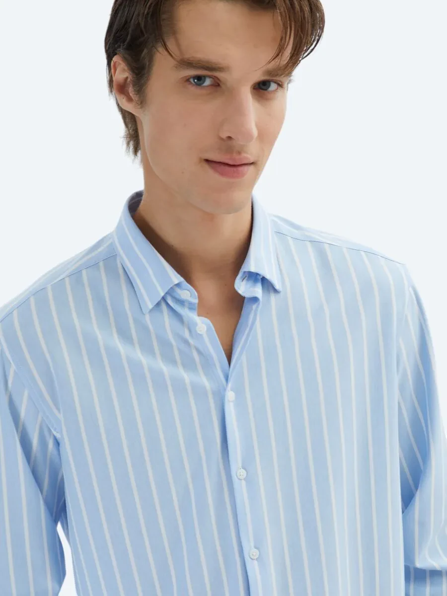 Blue Striped Regular Fit Knitting Casual Cotton Blended Shirt - 3
