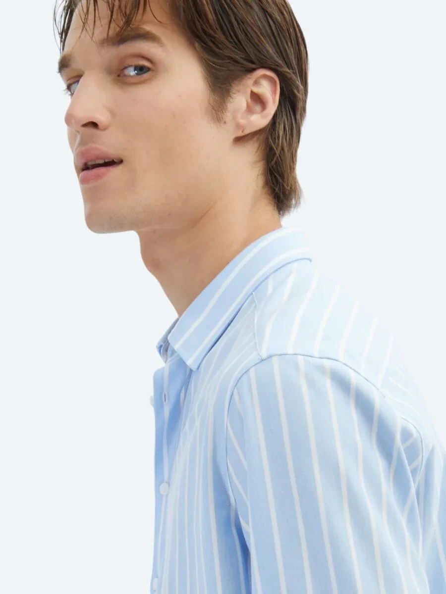 Blue Striped Regular Fit Knitting Casual Cotton Blended Shirt - 4