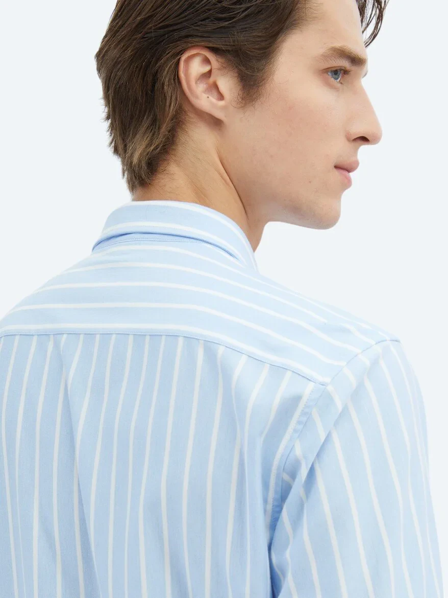 Blue Striped Regular Fit Knitting Casual Cotton Blended Shirt - 5