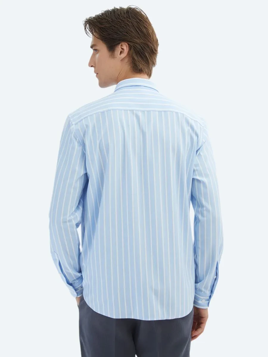 Blue Striped Regular Fit Knitting Casual Cotton Blended Shirt - 6