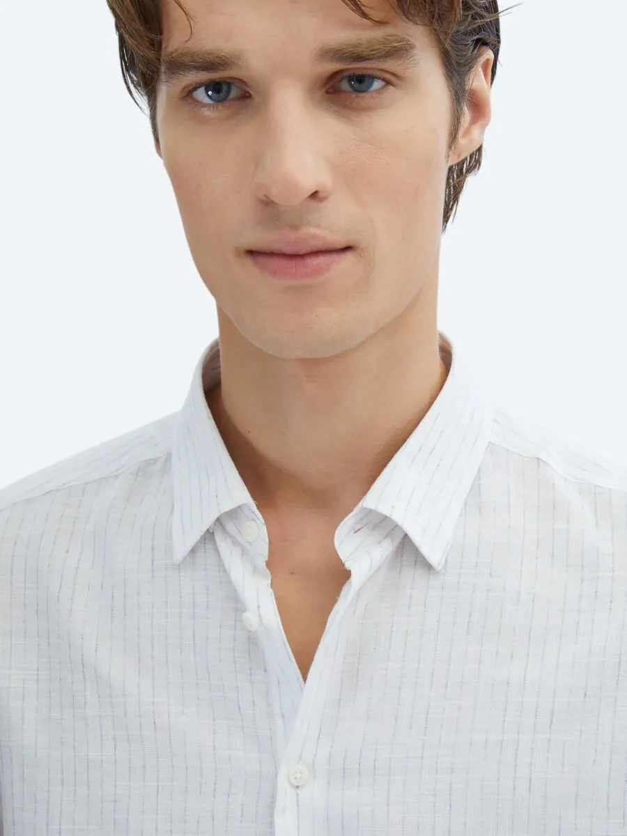 Blue Striped Regular Fit Weaving Casual 100% Cotton Shirt - 4