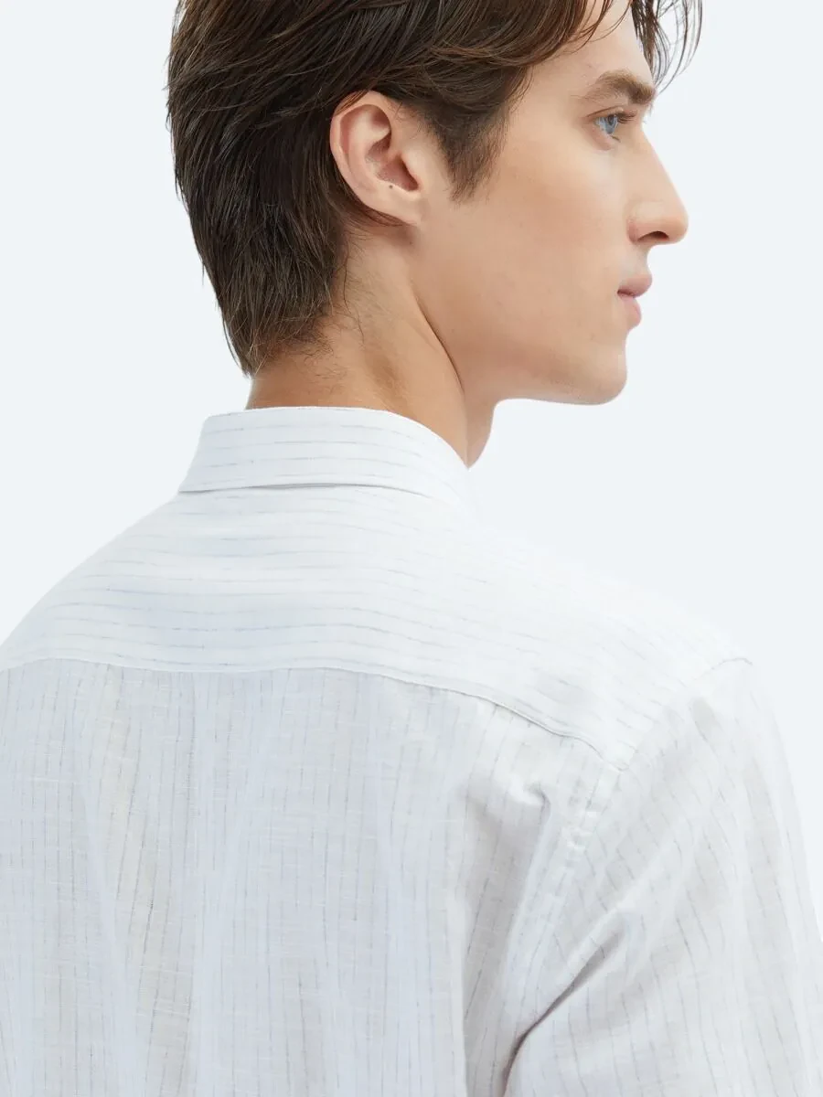Blue Striped Regular Fit Weaving Casual 100% Cotton Shirt - 5