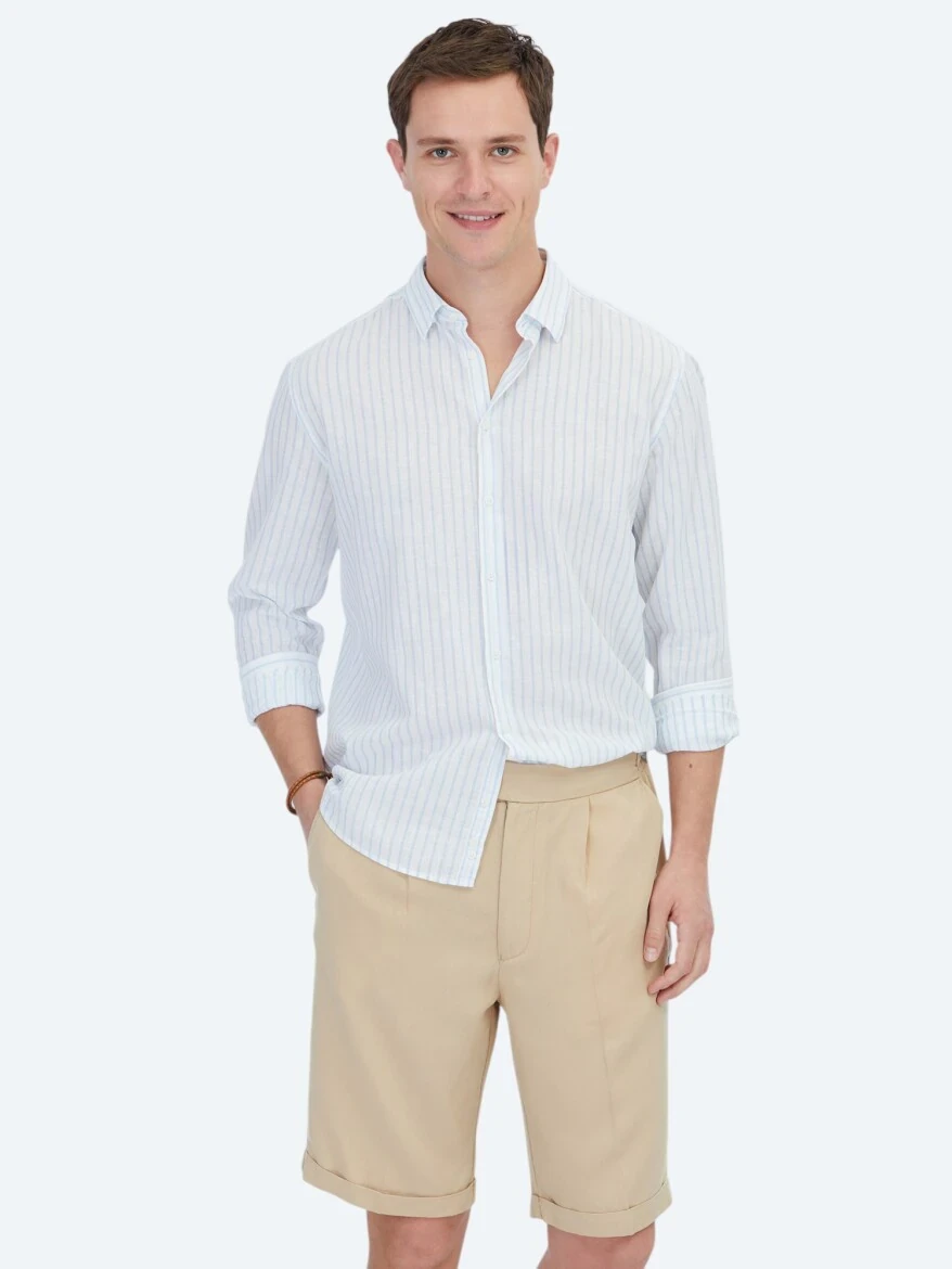 Blue Striped Regular Fit Weaving Casual Cotton Blended Shirt - 1