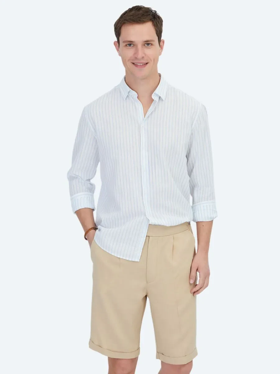 Blue Striped Regular Fit Weaving Casual Cotton Blended Shirt - 1