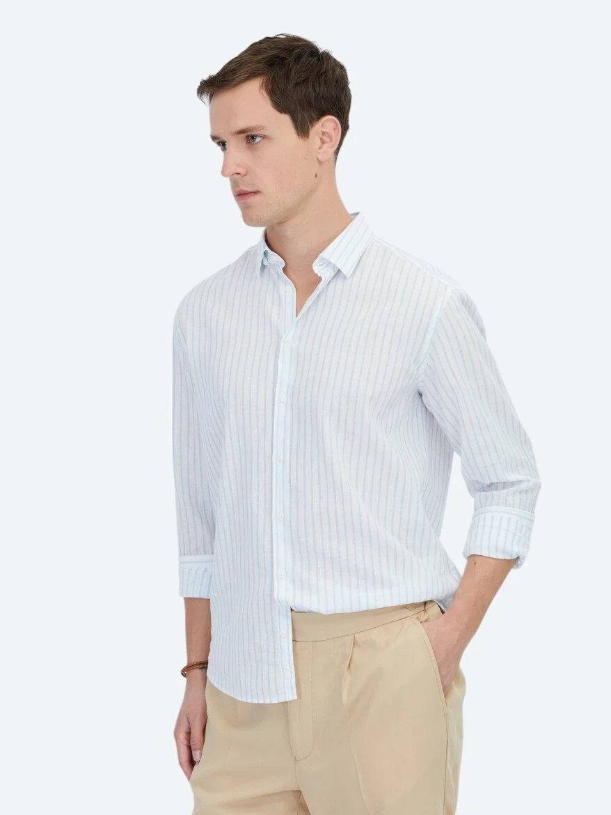 Blue Striped Regular Fit Weaving Casual Cotton Blended Shirt - 3