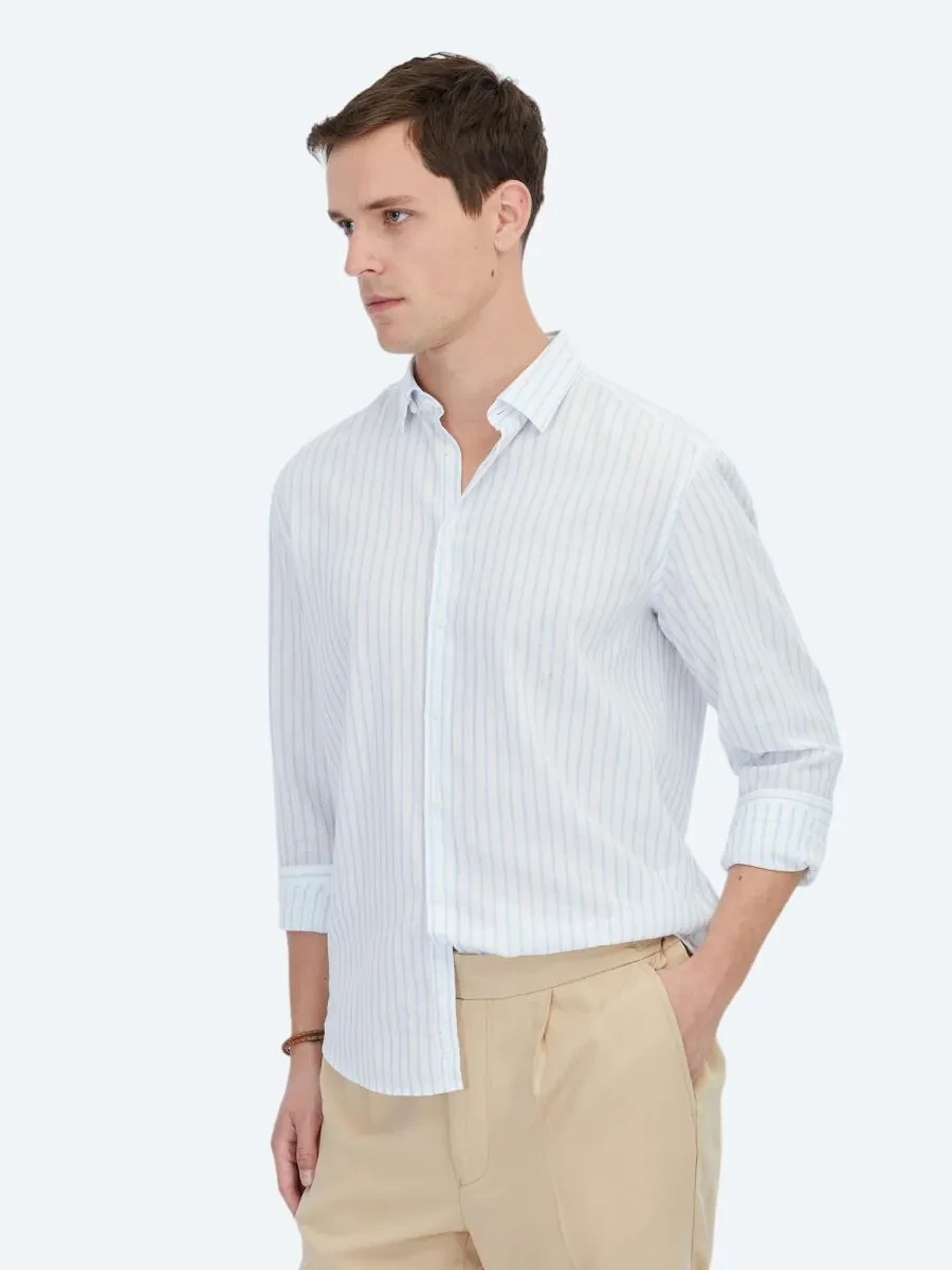 Blue Striped Regular Fit Weaving Casual Cotton Blended Shirt - 3