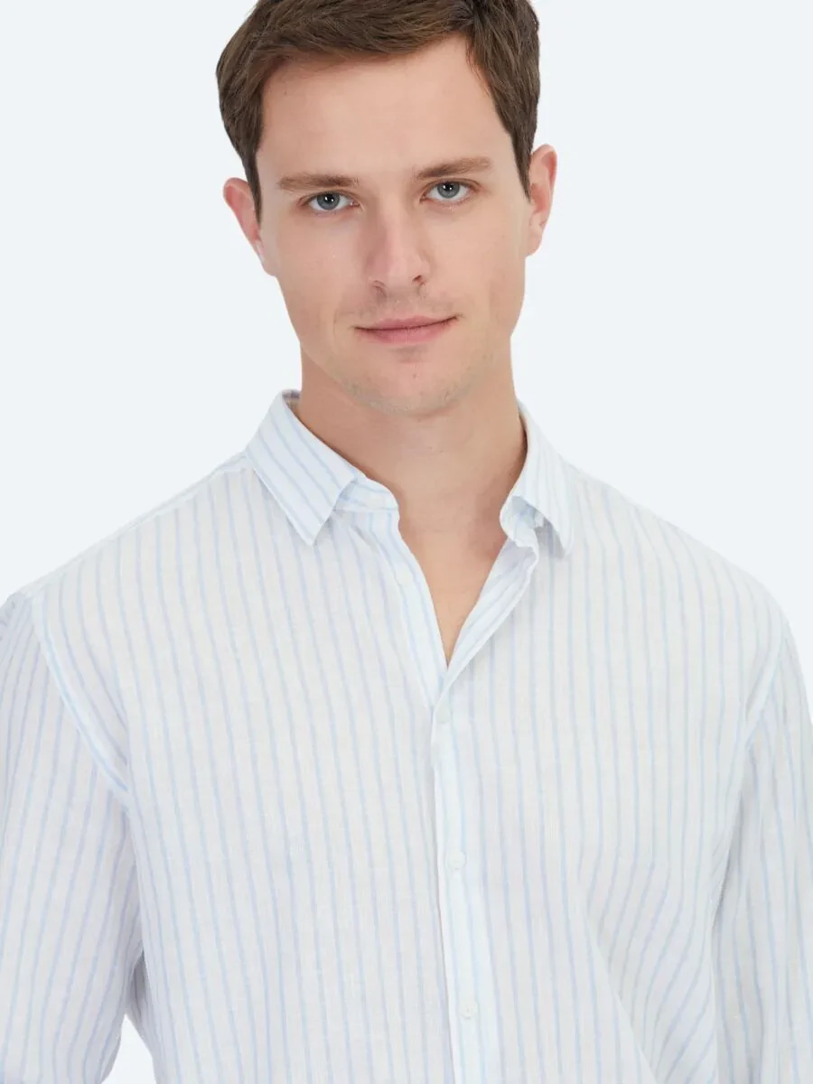 Blue Striped Regular Fit Weaving Casual Cotton Blended Shirt - 4