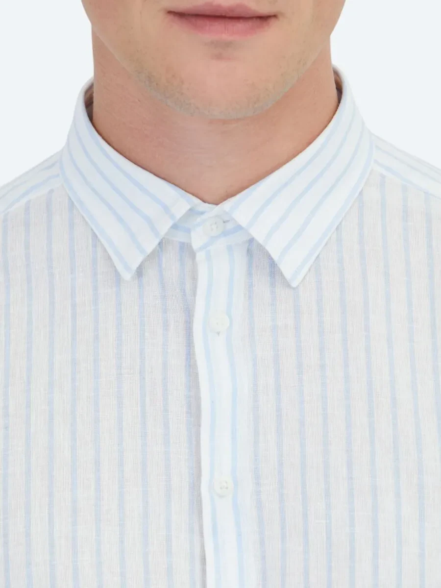 Blue Striped Regular Fit Weaving Casual Cotton Blended Shirt - 5