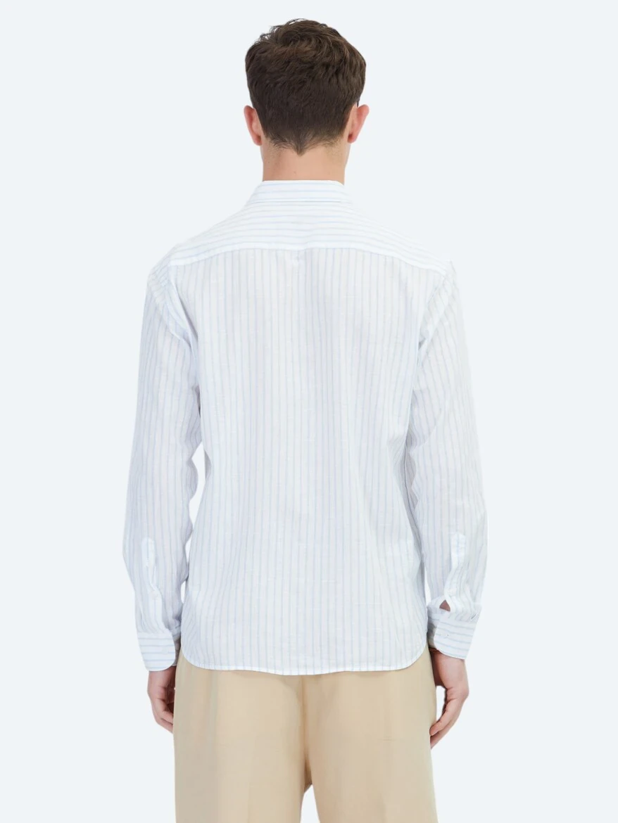 Blue Striped Regular Fit Weaving Casual Cotton Blended Shirt - 6
