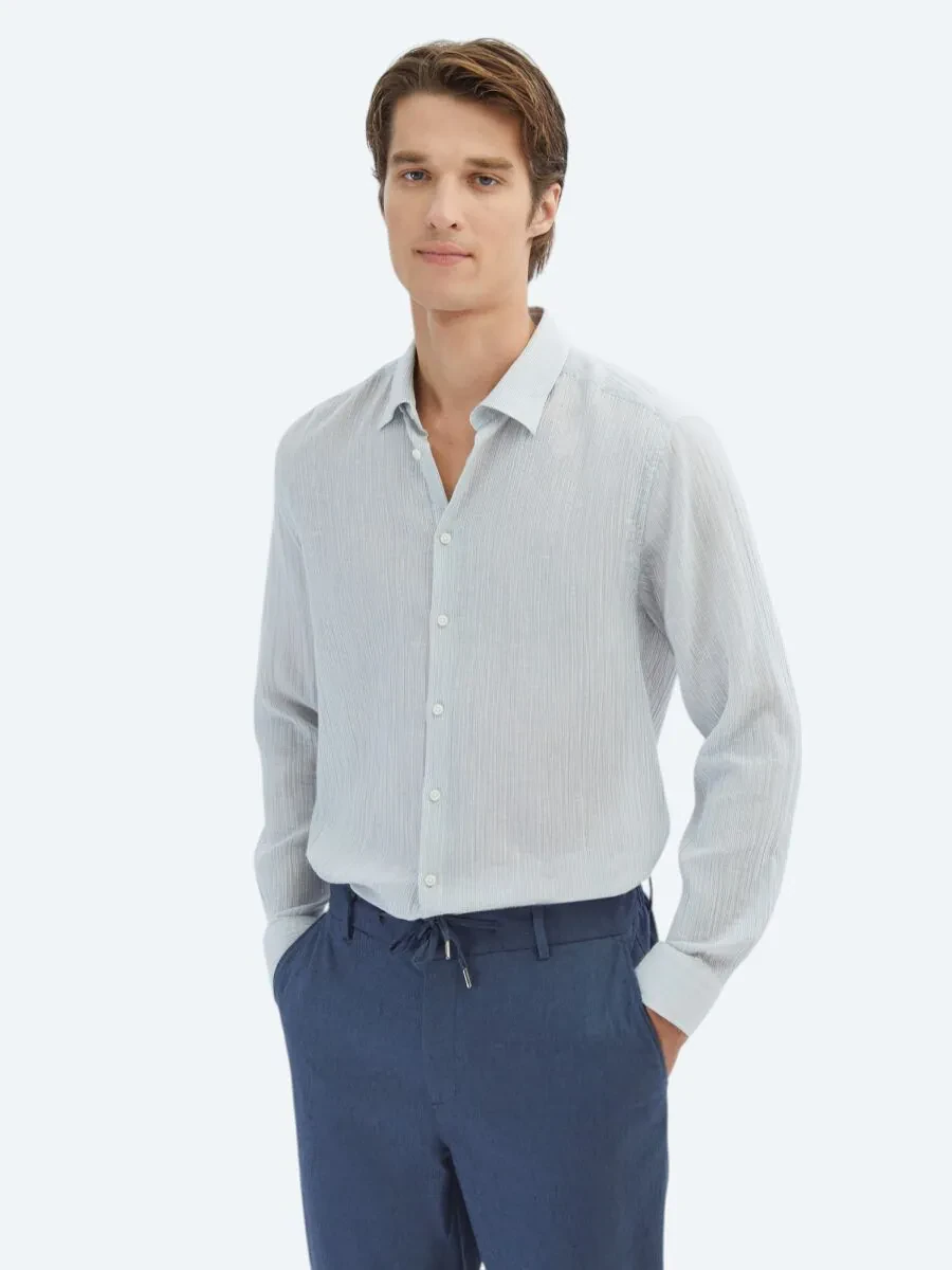 Blue Striped Regular Fit Weaving Casual Cotton Blended Shirt - 1