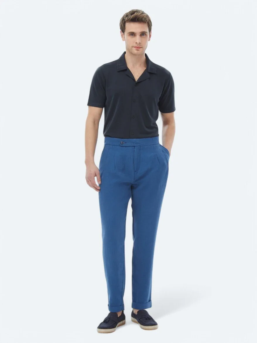 Blue Weaving Carrot Fit Casual Trousers - 1