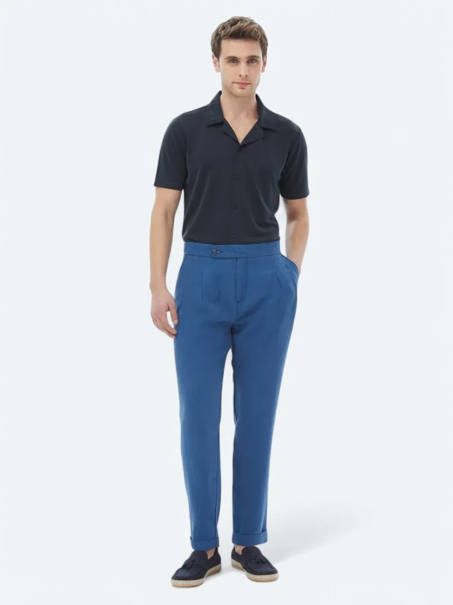 Blue Weaving Carrot Fit Casual Trousers - 1