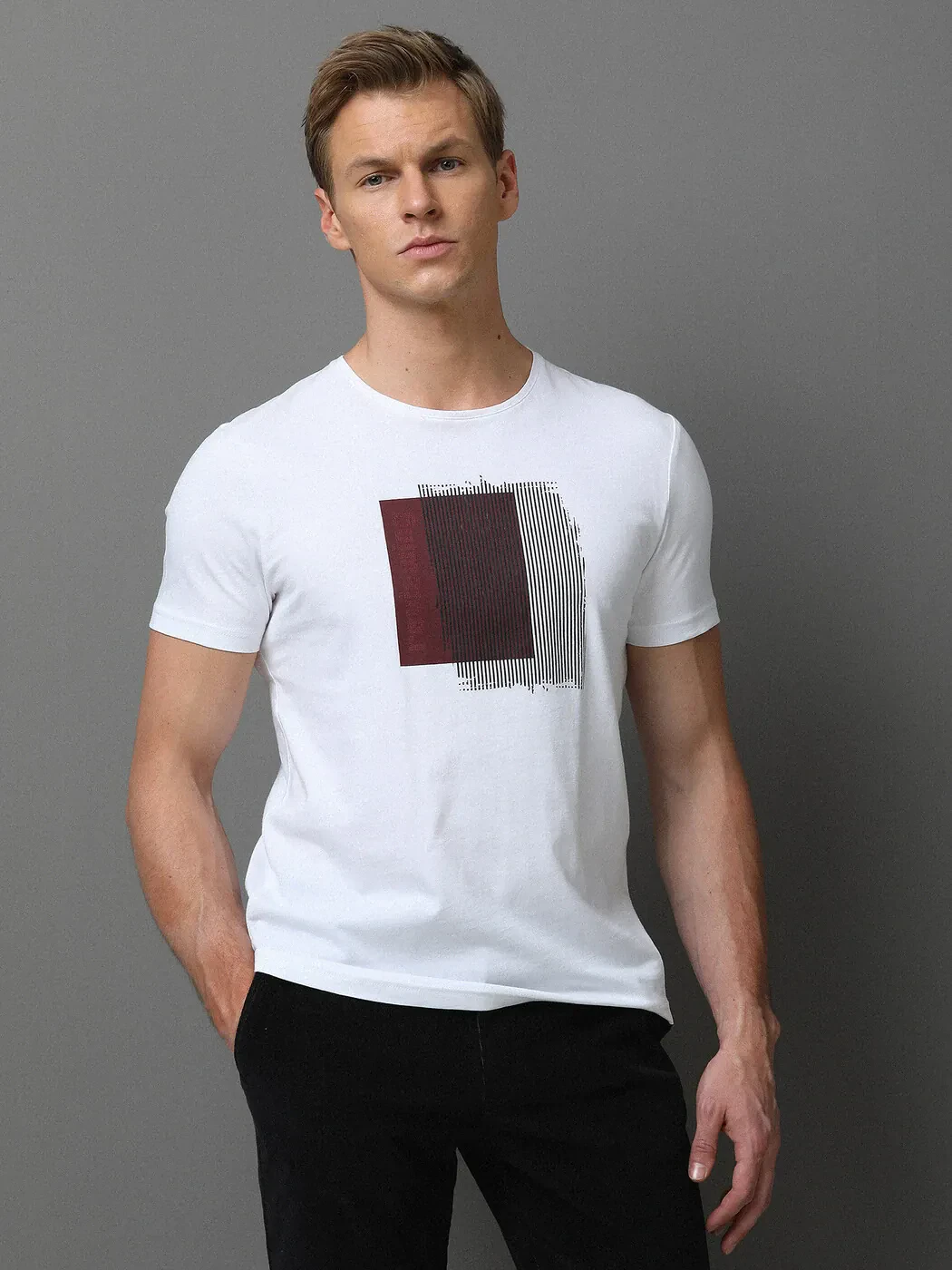 Bordo Baskılı %100 Pamuk T-Shirt - 1