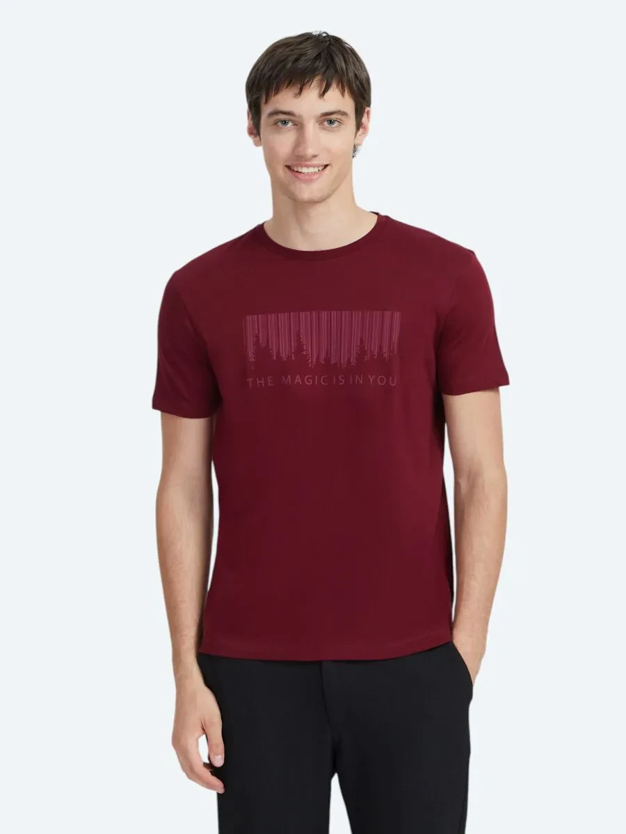 Bordo Baskılı Bisiklet Yaka %100 Pamuk T-Shirt - 1