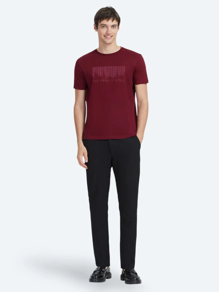 Bordo Baskılı Bisiklet Yaka %100 Pamuk T-Shirt - 2