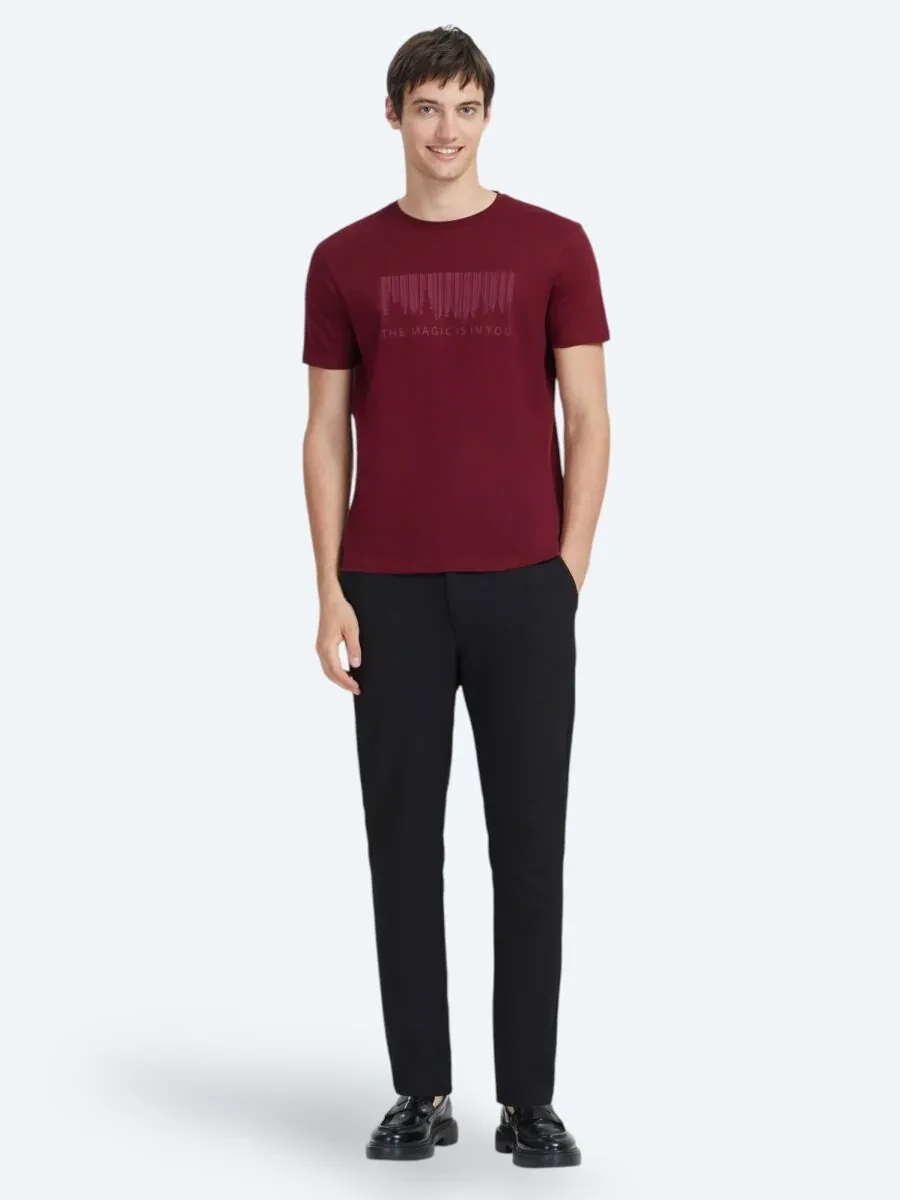Bordo Baskılı Bisiklet Yaka %100 Pamuk T-Shirt - 2