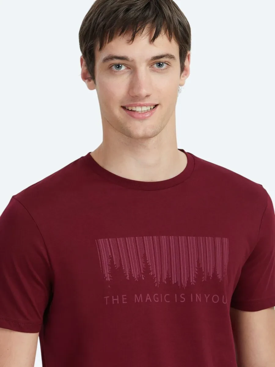 Bordo Baskılı Bisiklet Yaka %100 Pamuk T-Shirt - 3