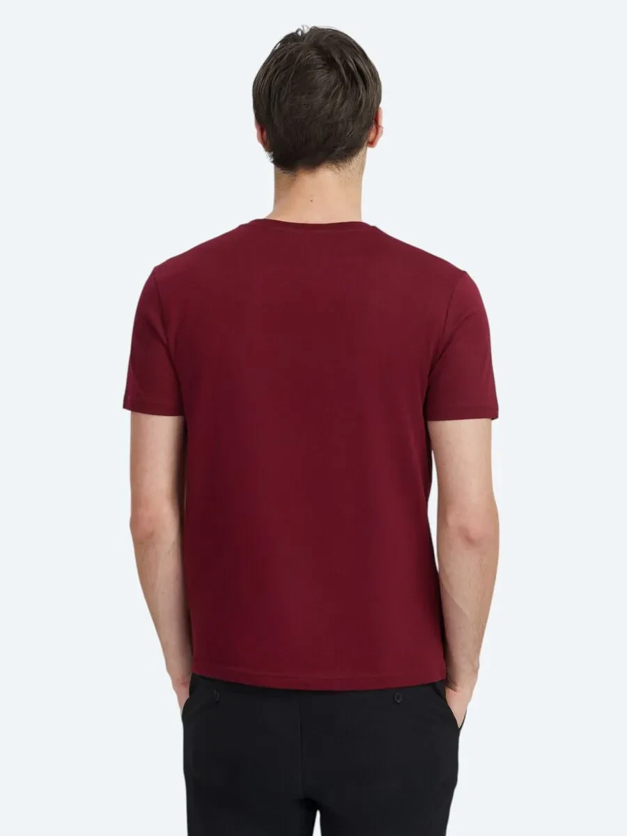 Bordo Baskılı Bisiklet Yaka %100 Pamuk T-Shirt - 4