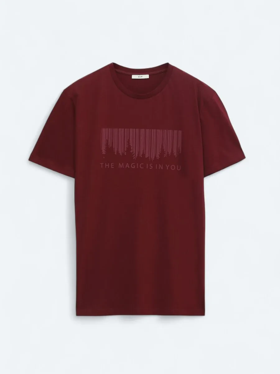 Bordo Baskılı Bisiklet Yaka %100 Pamuk T-Shirt - 5