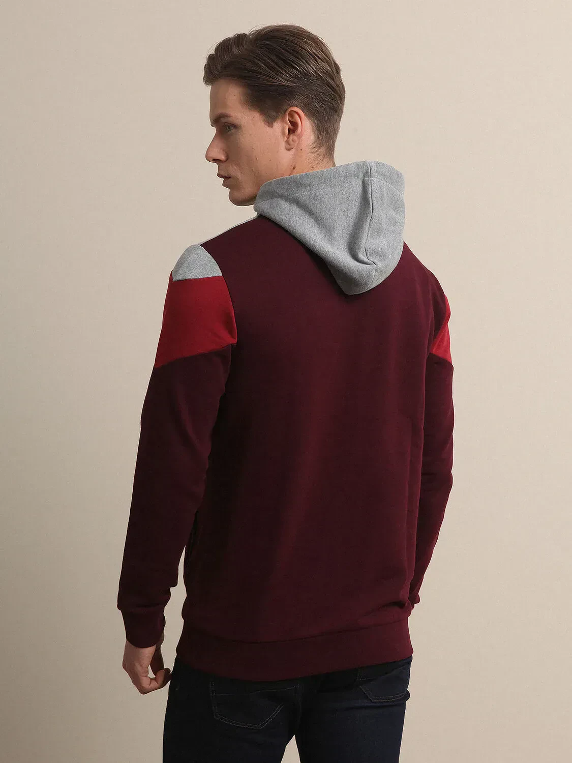 Bordo Kapüşonlu Düz Sweatshırt - 4