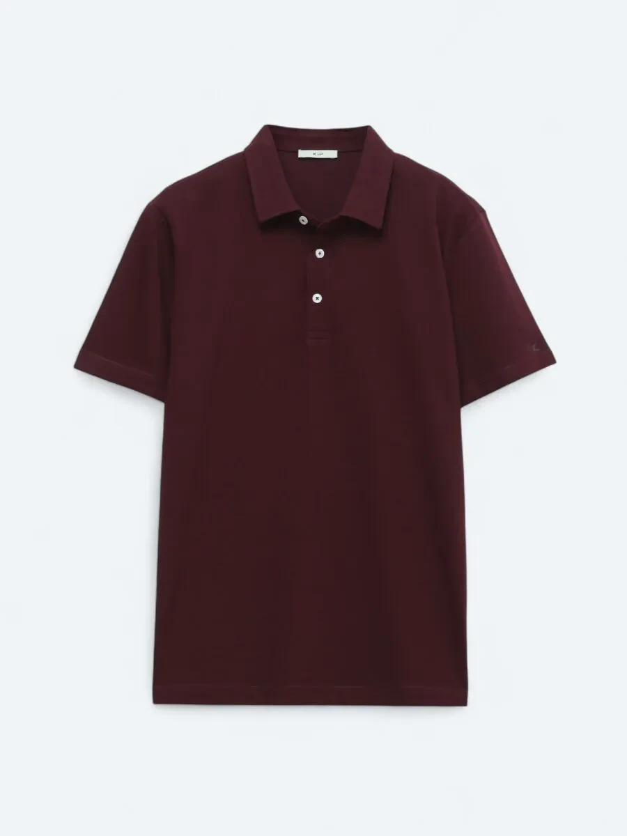 Bordo Polo Yaka Pamuk Karışımlı T-Shirt - 1
