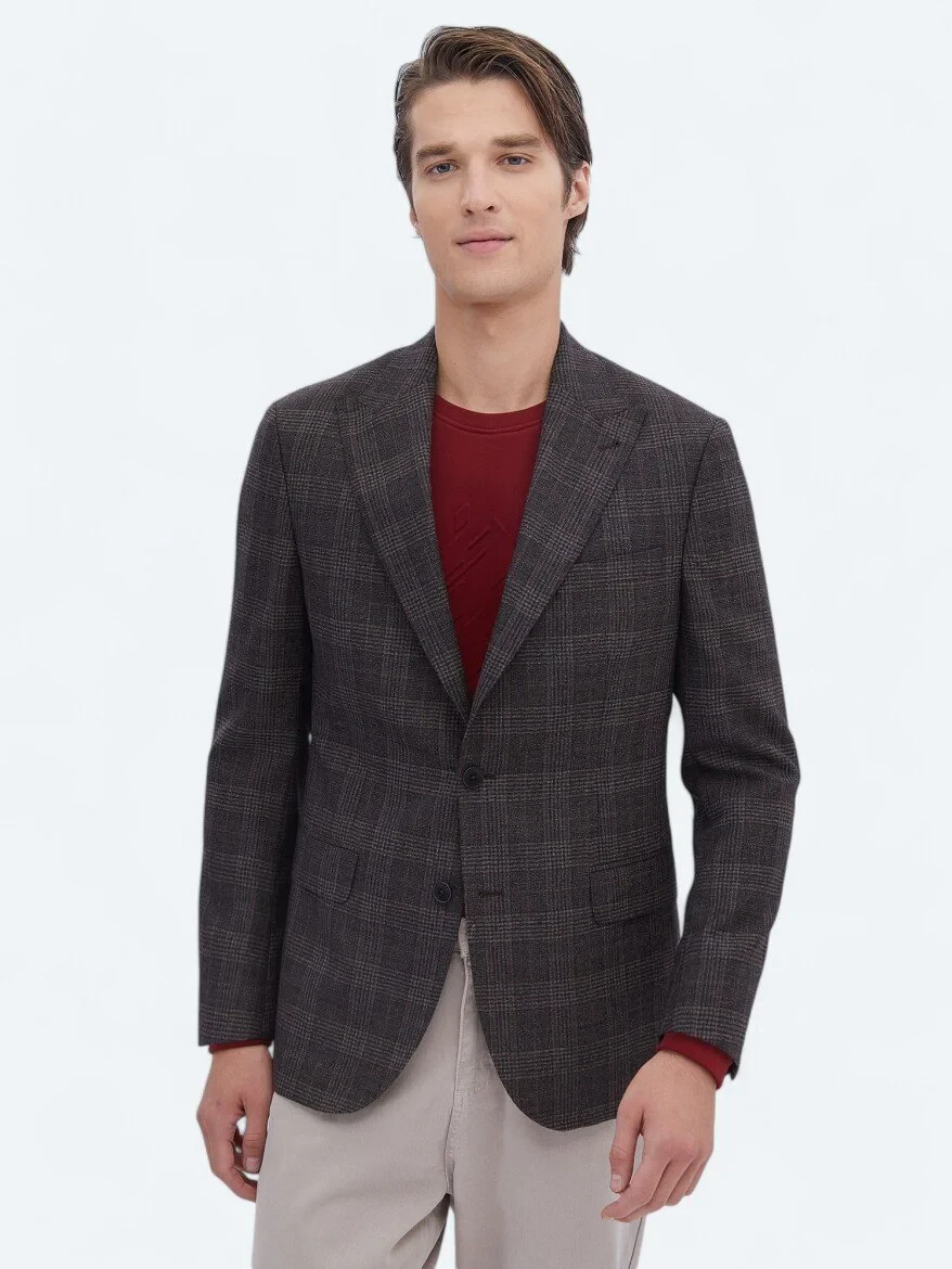 Brown Checkered Slim Fit 100% Wool Jacket - 1