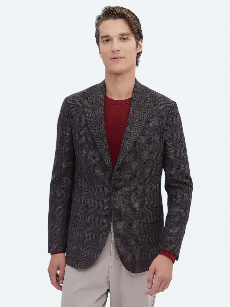 Brown Checkered Slim Fit 100% Wool Jacket - 1