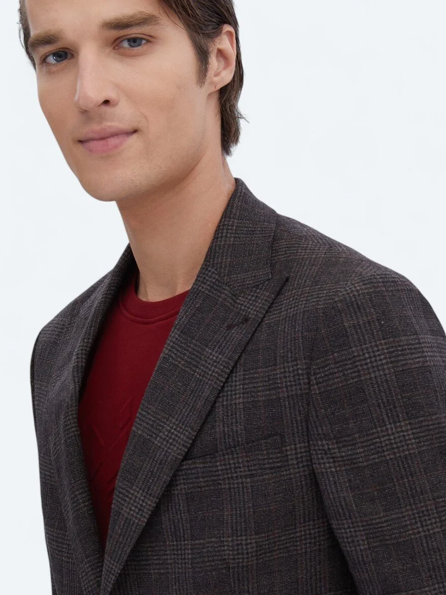 Brown Checkered Slim Fit 100% Wool Jacket - 3