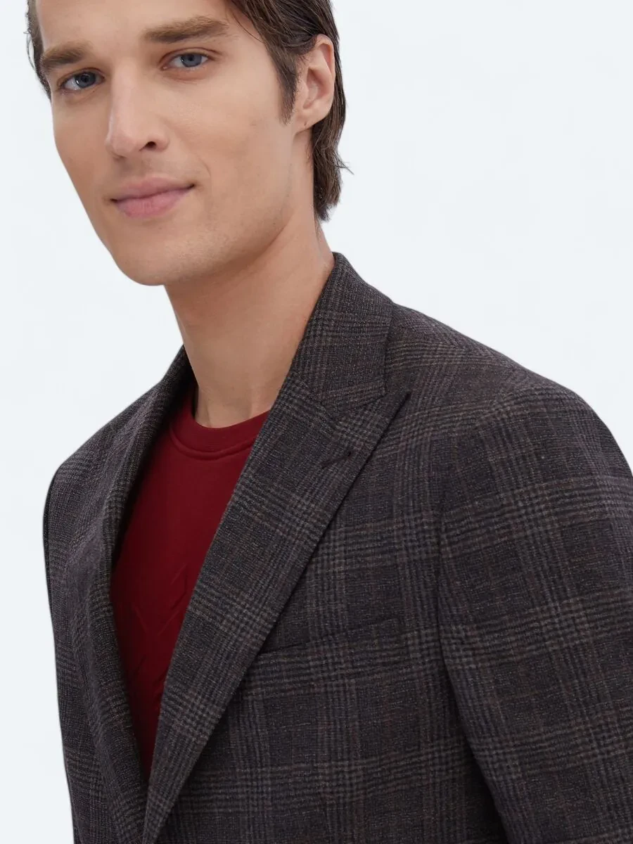 Brown Checkered Slim Fit 100% Wool Jacket - 3