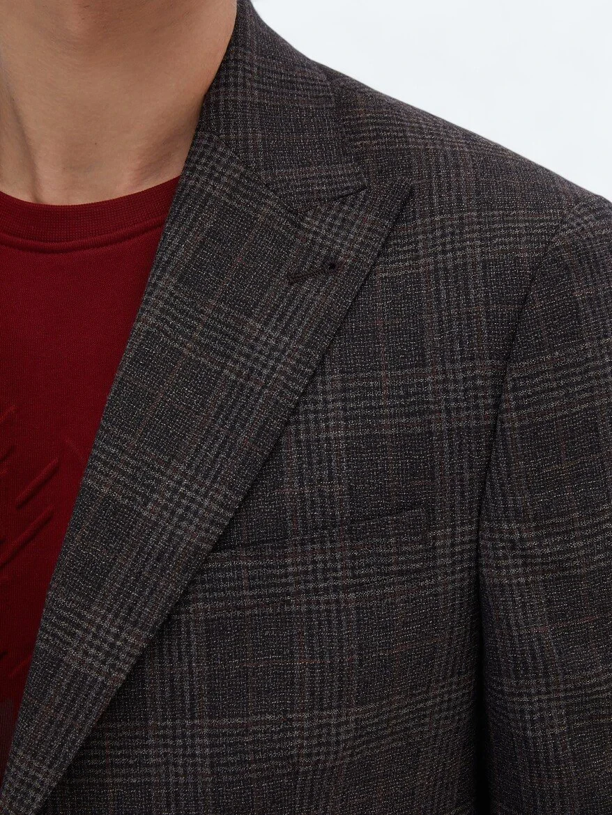 Brown Checkered Slim Fit 100% Wool Jacket - 5
