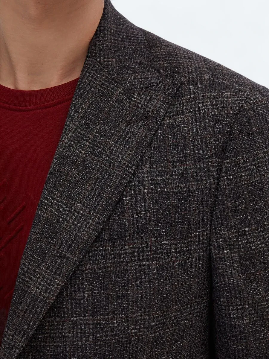 Brown Checkered Slim Fit 100% Wool Jacket - 5