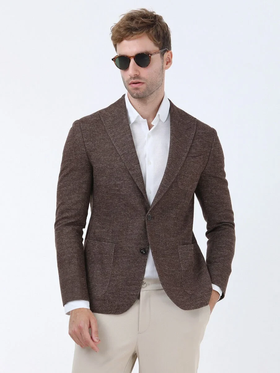 Brown Micro Modern Fit Wool Blended Jacket - 1
