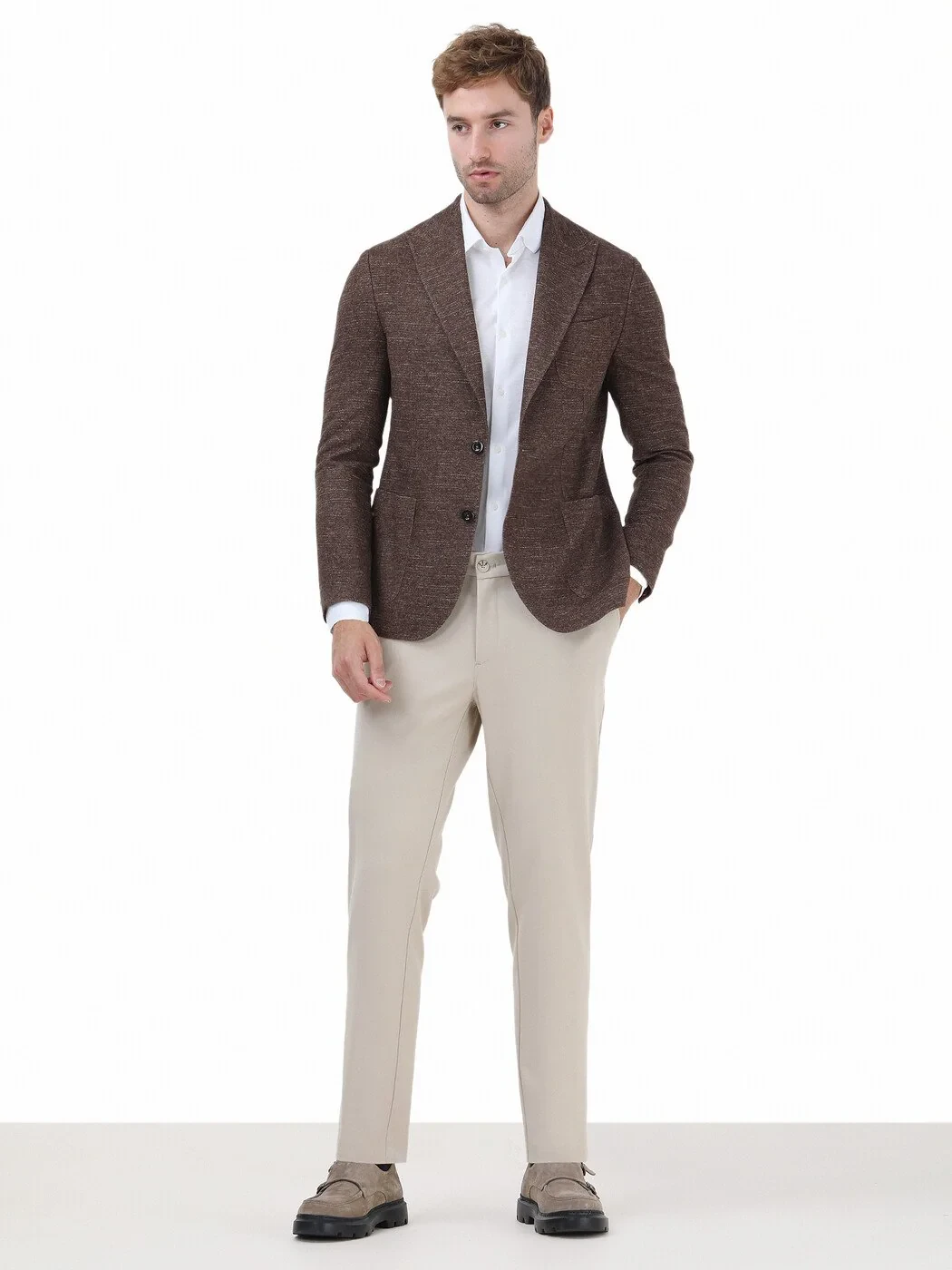 Brown Micro Modern Fit Wool Blended Jacket - 2