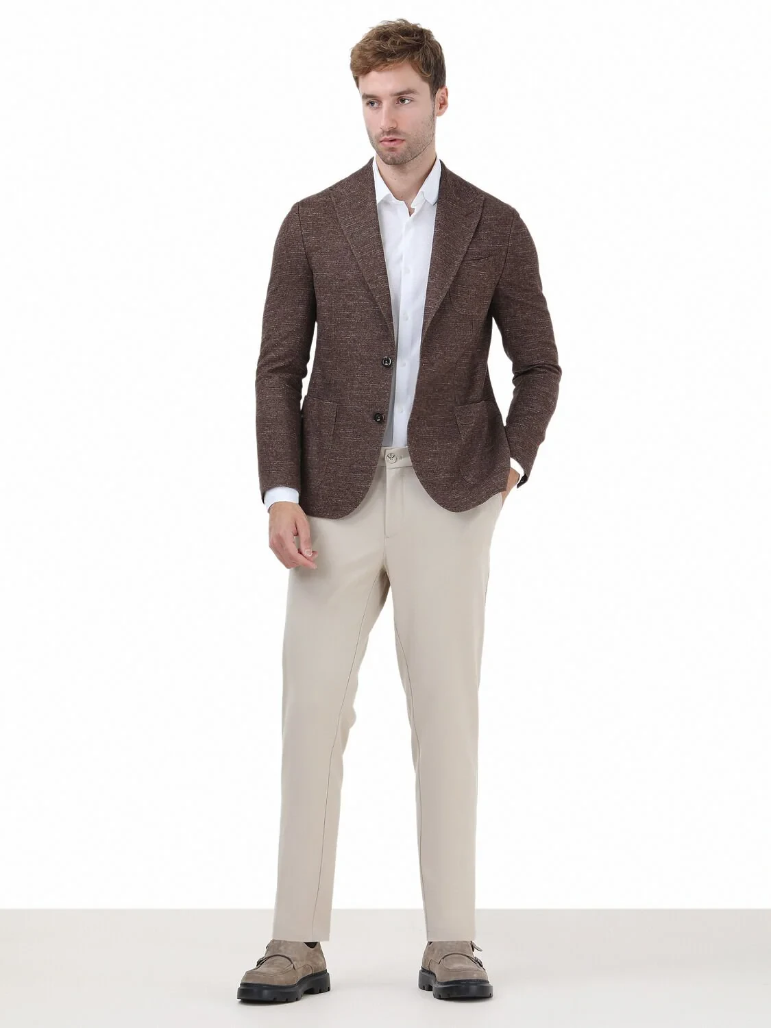 Brown Micro Modern Fit Wool Blended Jacket - 2