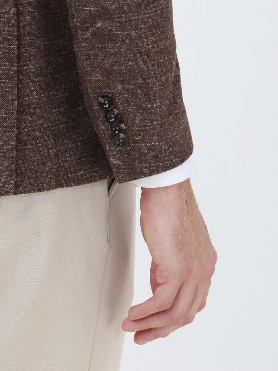Brown Micro Modern Fit Wool Blended Jacket - 5