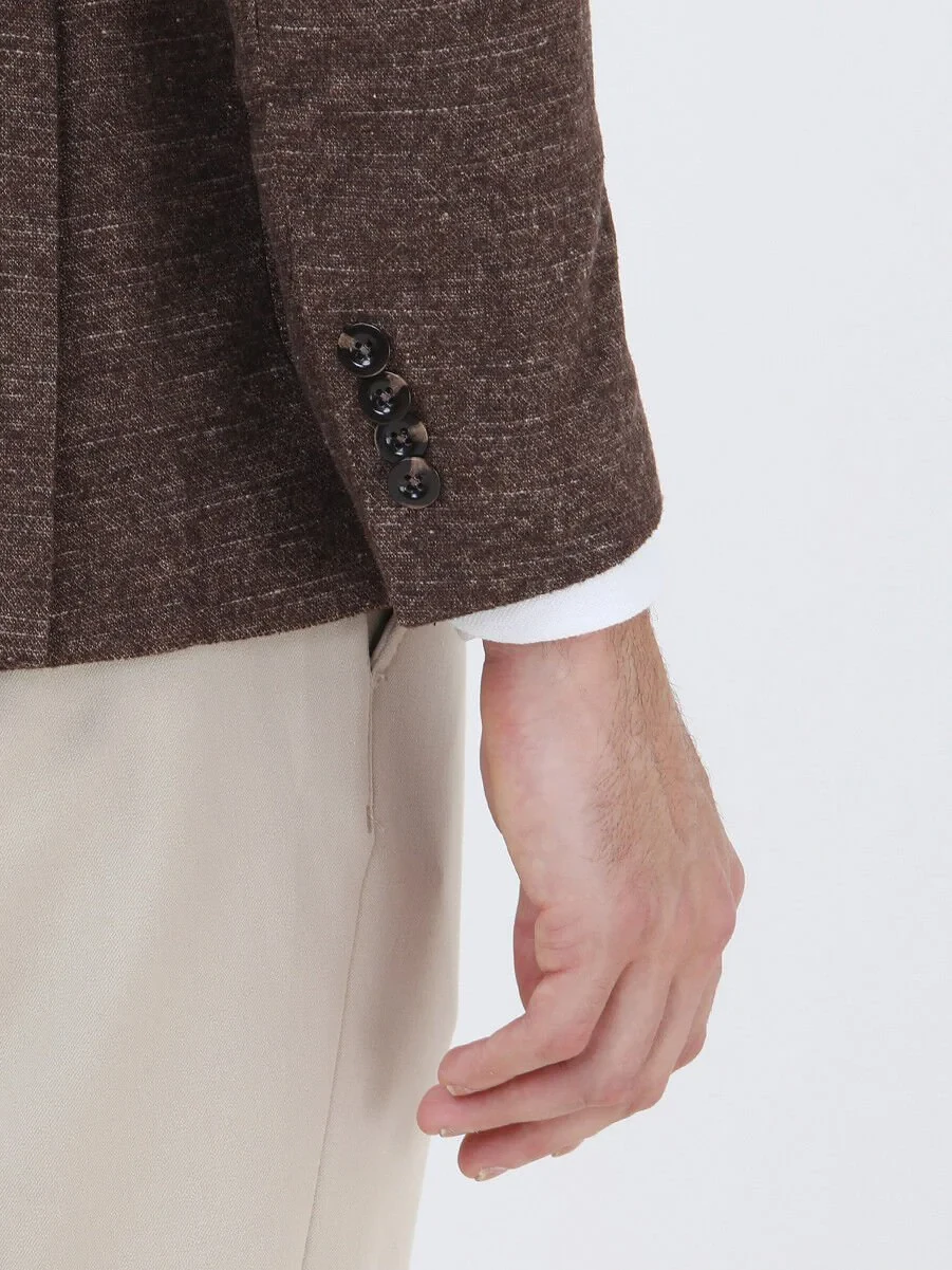 Brown Micro Modern Fit Wool Blended Jacket - 5