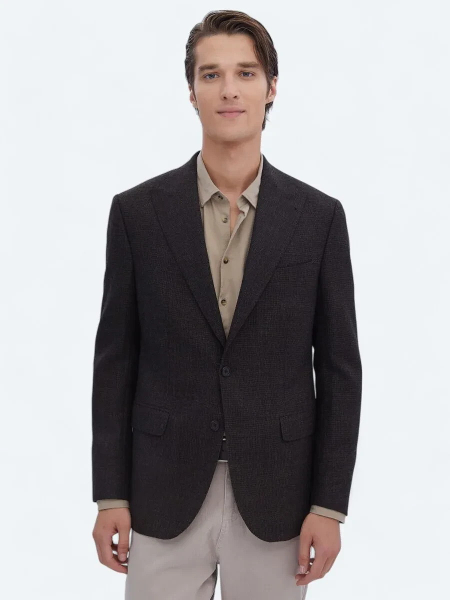 Brown Patterned Comfort Fit 100% Wool Jacket - 1