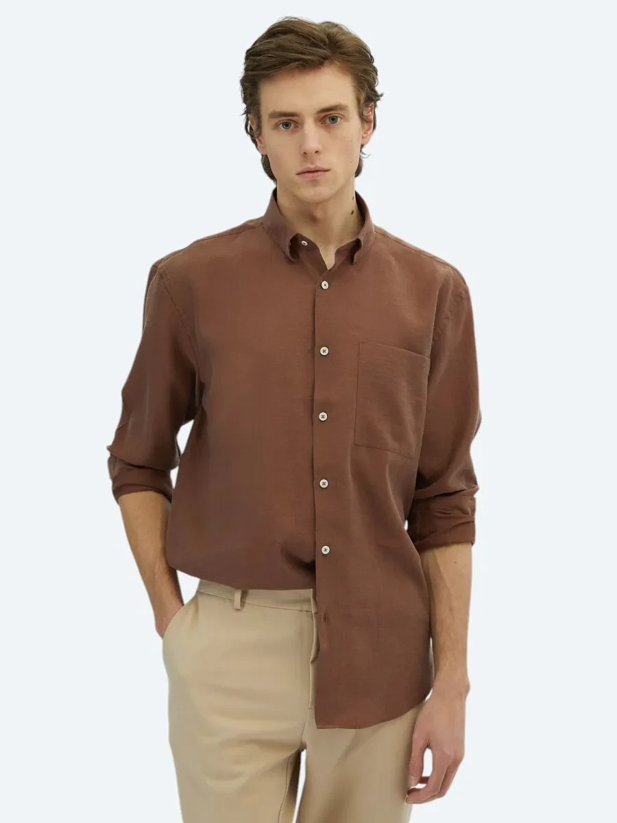 Brown Plain Oversize Fit Weaving Casual Shirt - 1