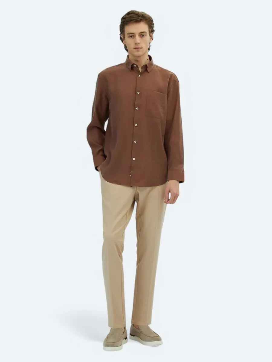 Brown Plain Oversize Fit Weaving Casual Shirt - 2