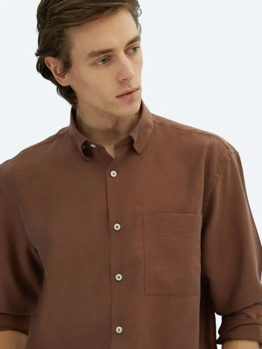 Brown Plain Oversize Fit Weaving Casual Shirt - 3