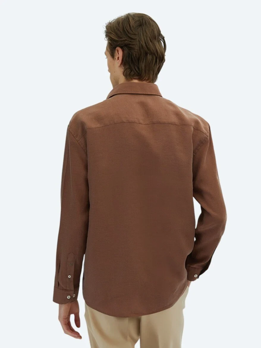 Brown Plain Oversize Fit Weaving Casual Shirt 