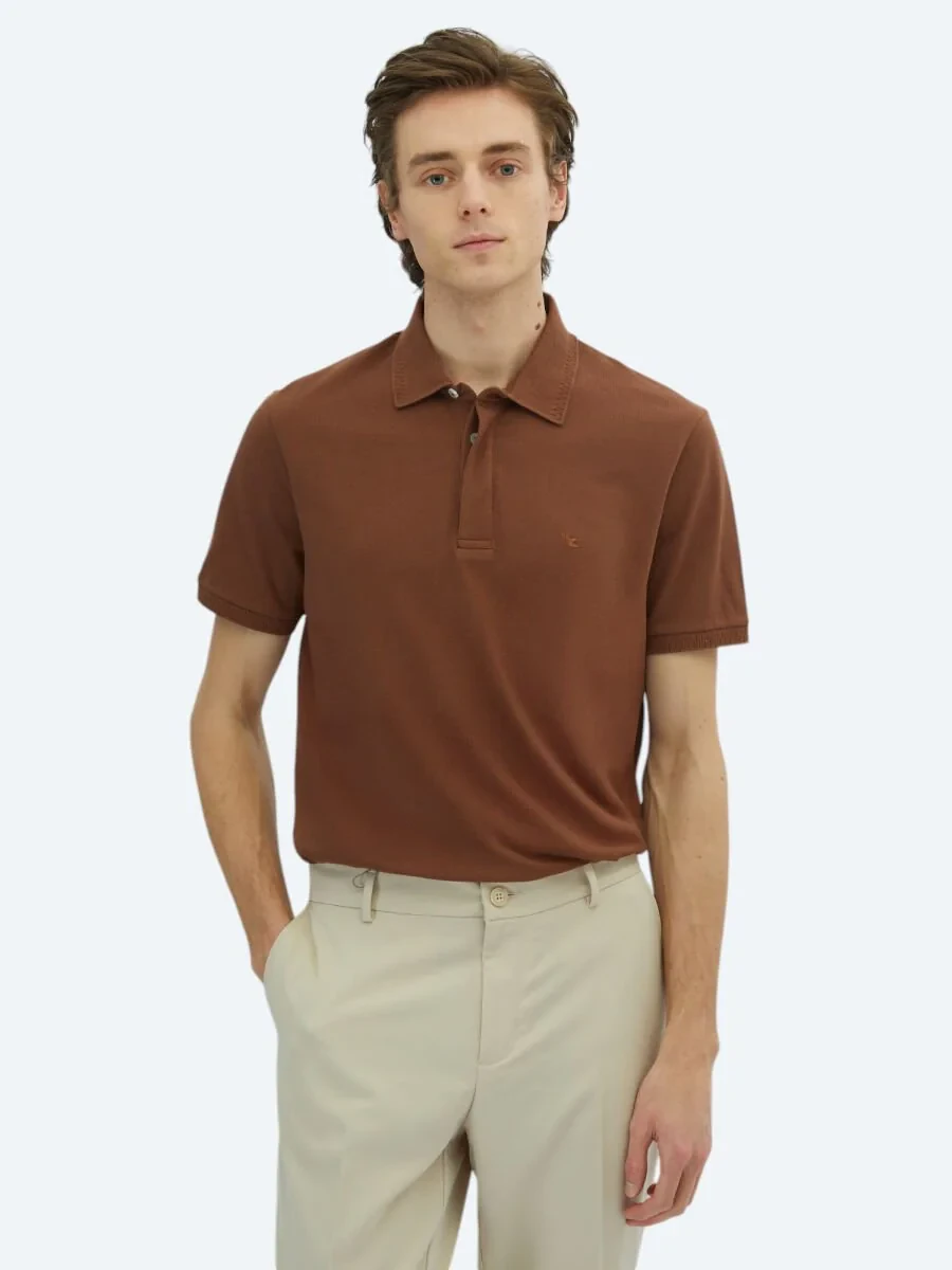 Brown Plain Polo Neck 100% Cotton T-Shirt - 1