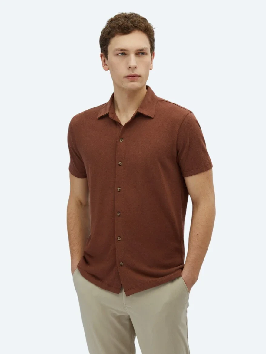 Brown Plain Regular Fit Knitting Casual Cotton Blended Shirt - 1